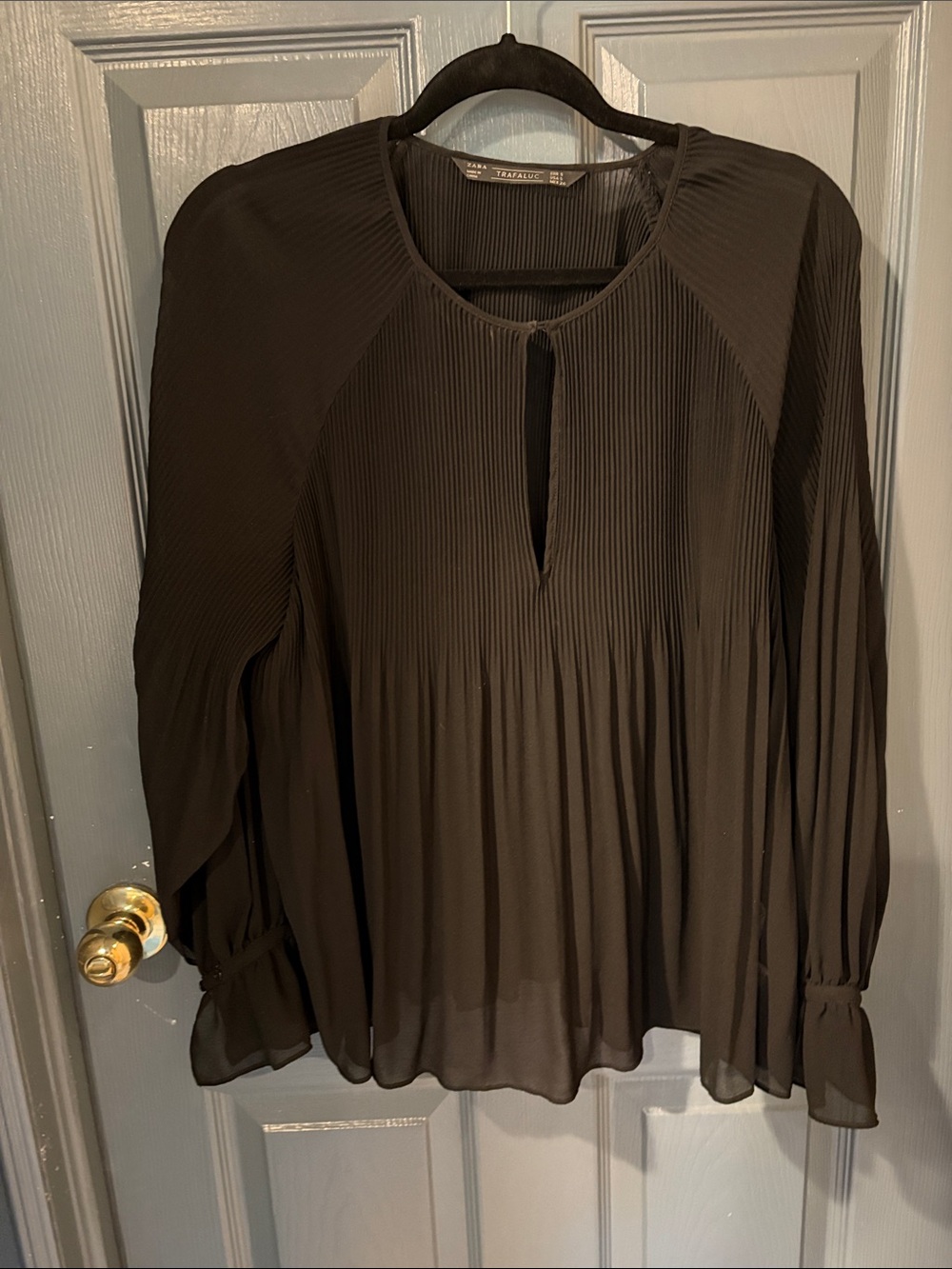 Zara Black Pleated Long-Sleeve Blouse